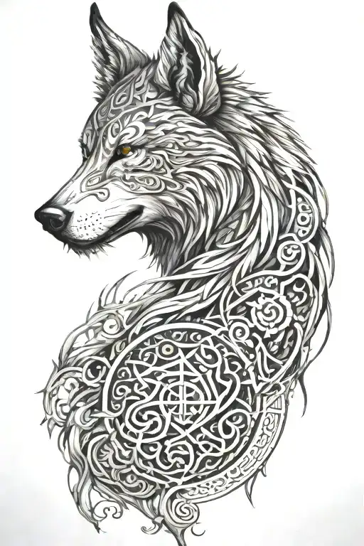 A fenrir perched on runes with intricate line work, and viking rune and skulls  patterns woven into fur. long shaped