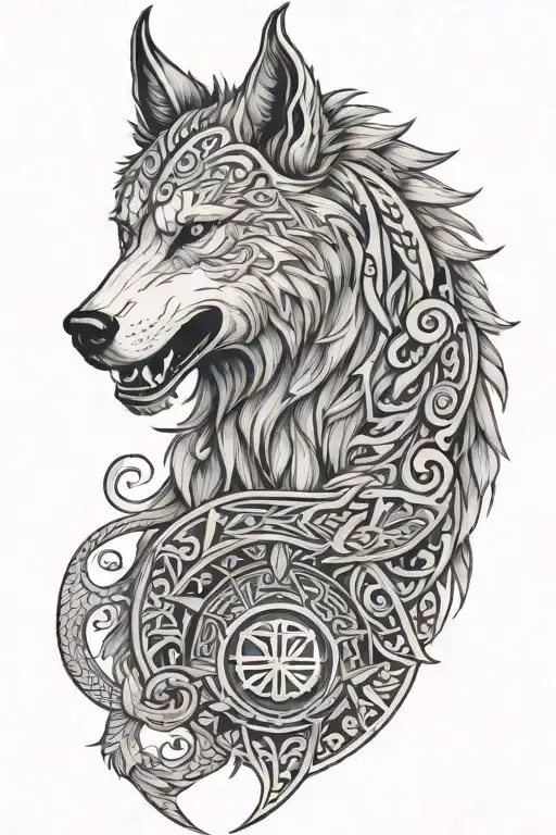 A fenrir perched on runes with intricate line work, and viking rune and skulls patterns woven into fur. long shaped - Variation 2
