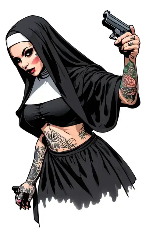 an attractive gangster evil nun with tattoos holding a gun and in nun clothing