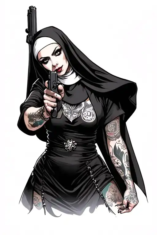 an attractive gangster evil nun with tattoos holding a gun and in nun clothing - Variation 2