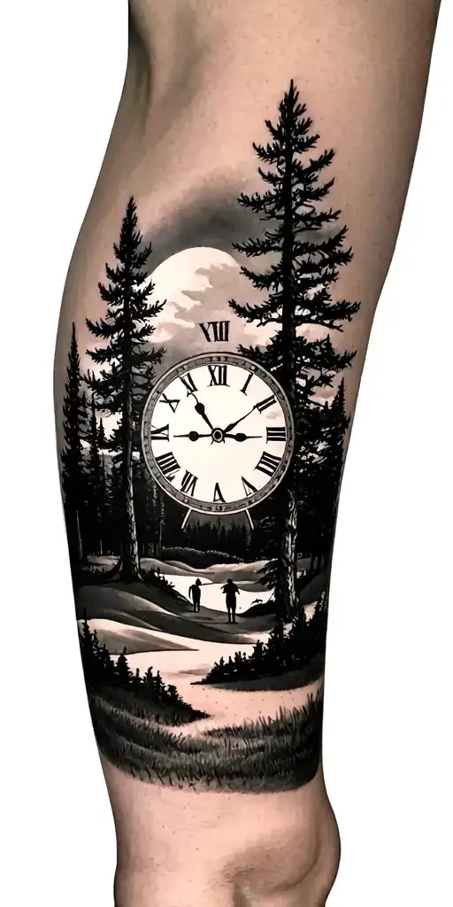 pine forest scene and family on golf course and ansel adams and sun clock