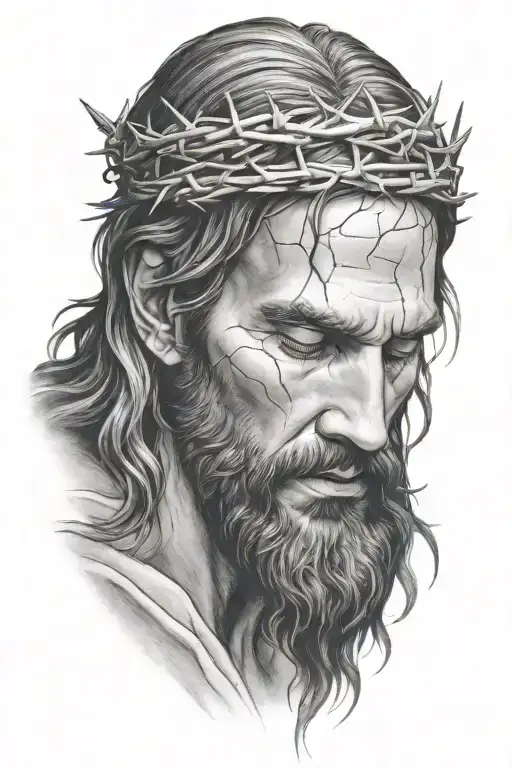 Hyper realistic portrait of Jesus Christ with a crown of thorns, looking down - Variation 2