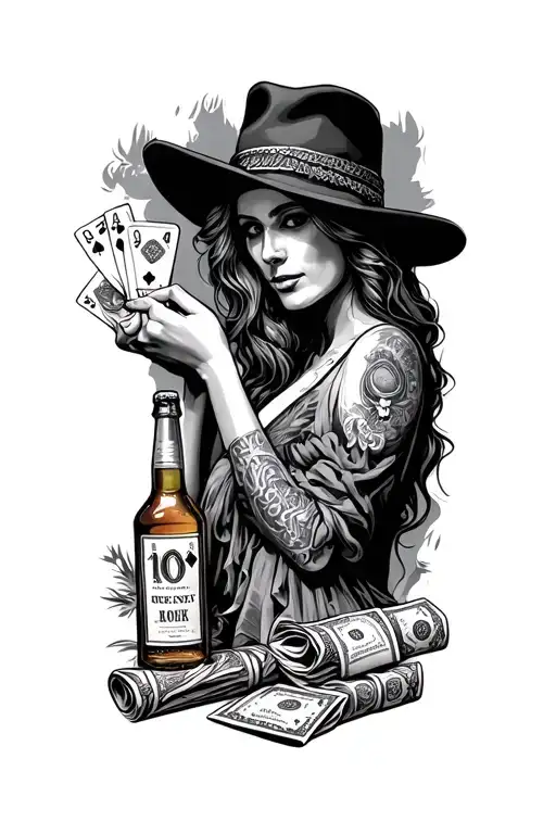 Dead mans road- a road with a woman, playing cards, bottle of wiskey and a rolled up 100$ - Variation 3
