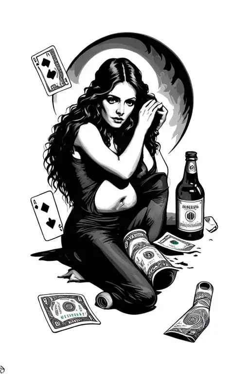 Dead mans road- a road with a woman, playing cards, bottle of wiskey and a rolled up 100$ - Variation 4