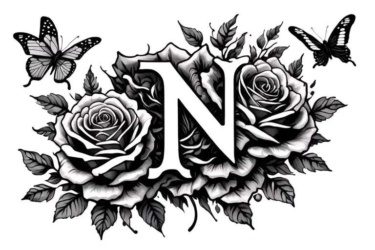 hand tattoo of the letter N laying on top of roses and butterfly around it