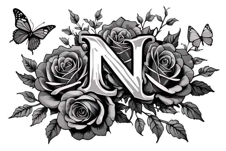 hand tattoo of the letter N laying on top of roses and butterfly around it - Variation 2