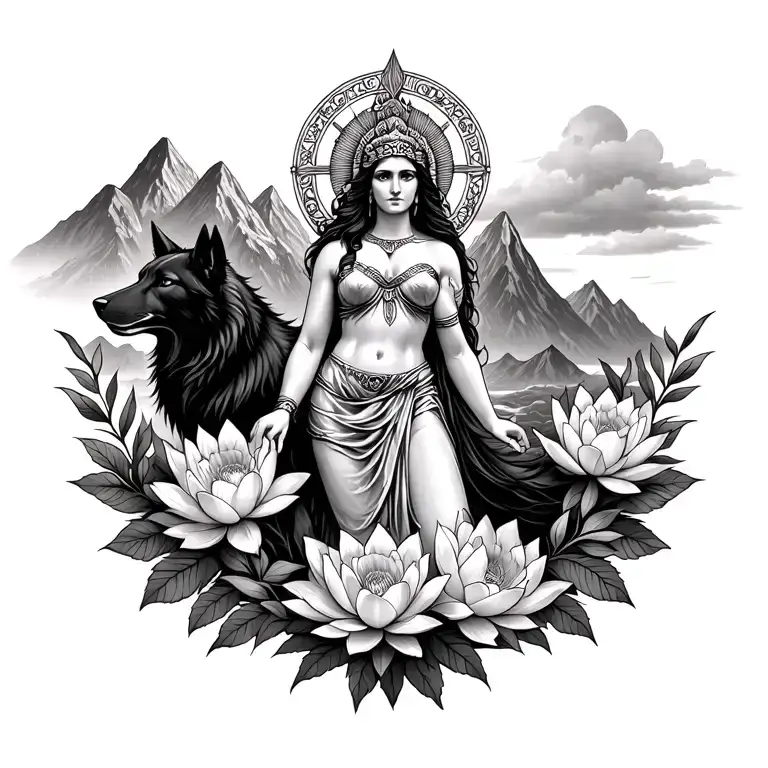 Athena goddess surrounded by poeny and lotus flowers with a black wolf in a mountain range