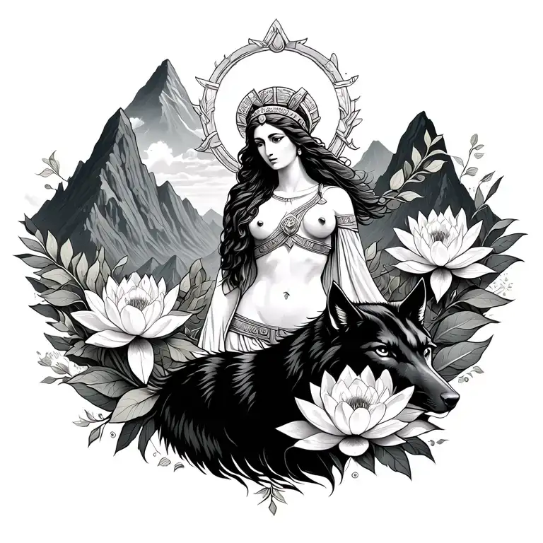 Athena goddess surrounded by poeny and lotus flowers with a black wolf in a mountain range - Variation 2