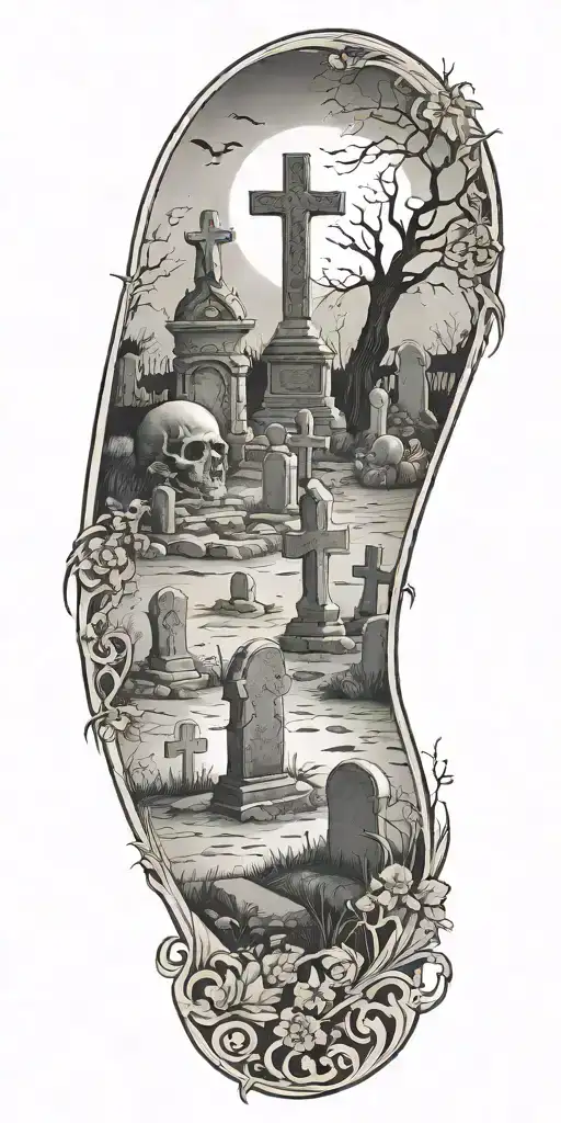 A hauntingly beautiful tattoo of a graveyard at night, with tombstones and eerie figures emerging from the shadows, incorporating elements of blood and gore - Variation 3
