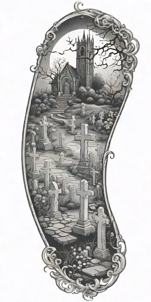 A hauntingly beautiful tattoo of a graveyard at night, with tombstones and eerie figures emerging from the shadows, incorporating elements of blood and gore - Variation 4