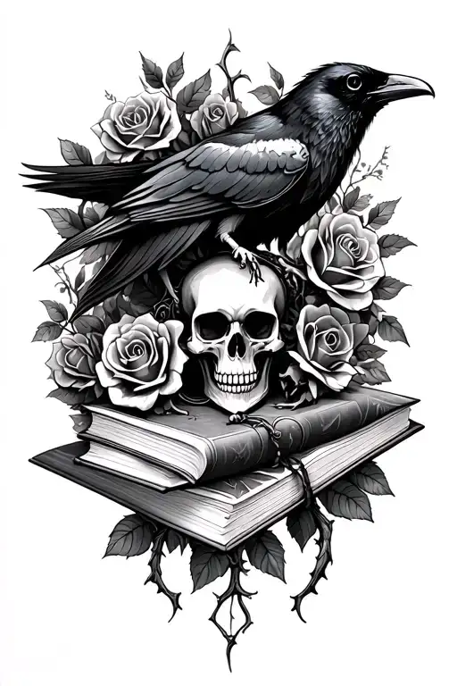 skull,raven, books, gothic, thorn vines, roses  - Variation 2