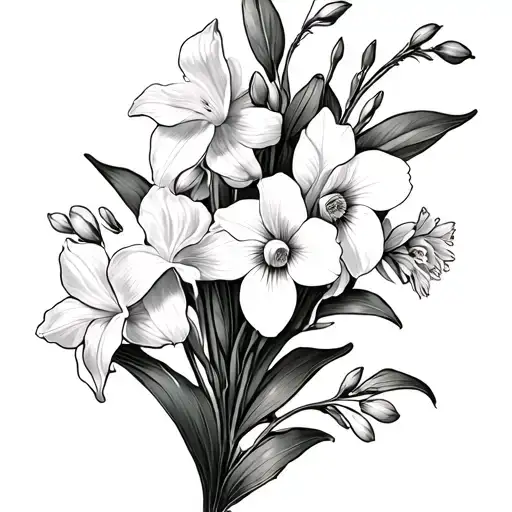 lilly of the valley, daffodils, iris and morning glory vine