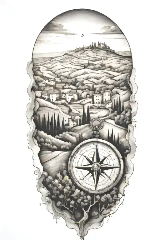 edges that fade and blend softly, italian tuscany landscape with trees and a compass