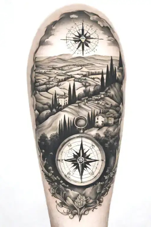 edges that fade and blend softly, italian tuscany landscape with trees and a compass - Variation 2
