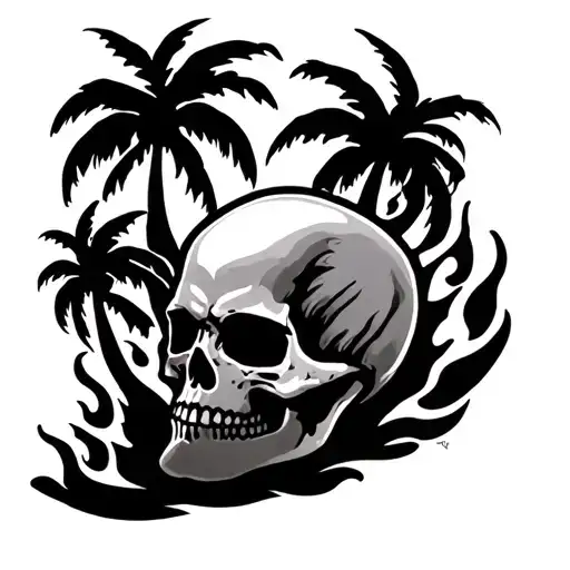 skull shaded flames and palm trees