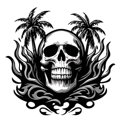 skull shaded flames and palm trees - Variation 2