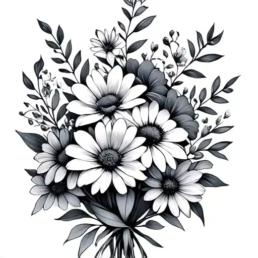 single line bouquet of flowers with the birth month flowers of December, September, June, and August