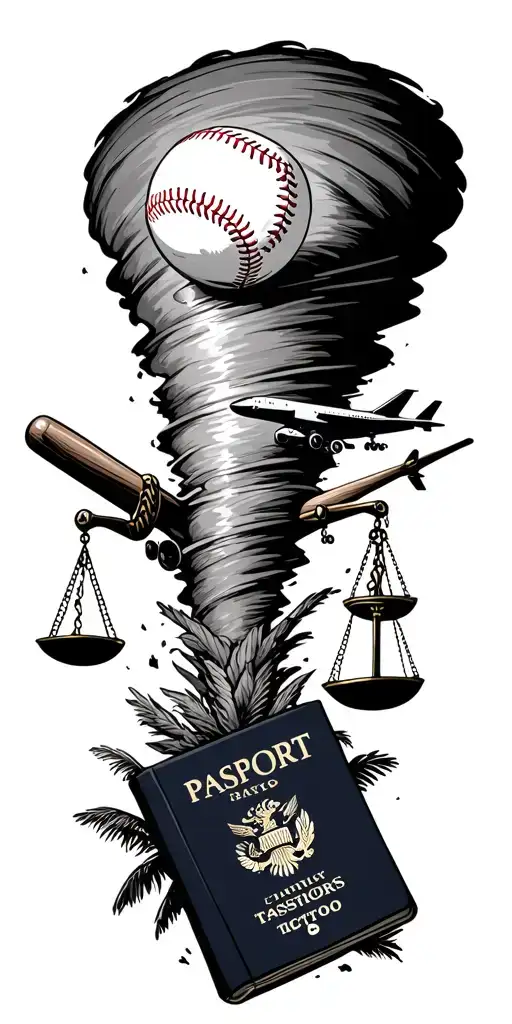 tornado sucking up scales of justice, baseball bat, baseball, passport, airplane, and palm tree.