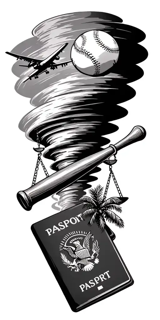 tornado sucking up scales of justice, baseball bat, baseball, passport, airplane, and palm tree. - Variation 2