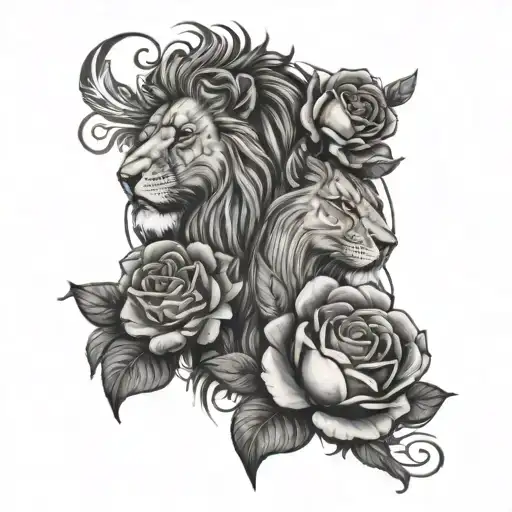 lion face and phenix head with 3 full roses below the image - Variation 1