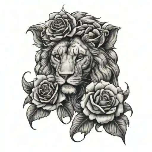 lion face and phenix head with 3 full roses below the image - Variation 2