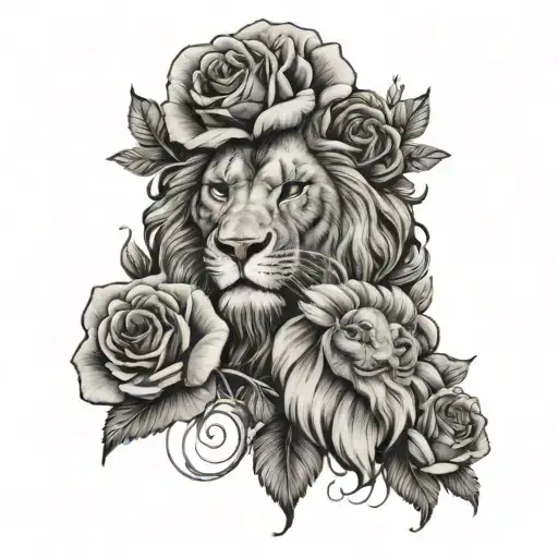 lion face and phenix head with 3 full roses below the image - Variation 3