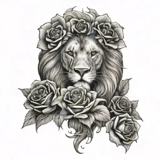 lion face and phenix head with 3 full roses below the image - Variation 4