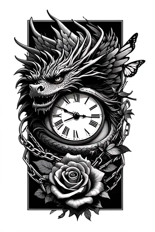 clock face in eye looking, dragon wrapped, roses, angel wings, butterfly, chains