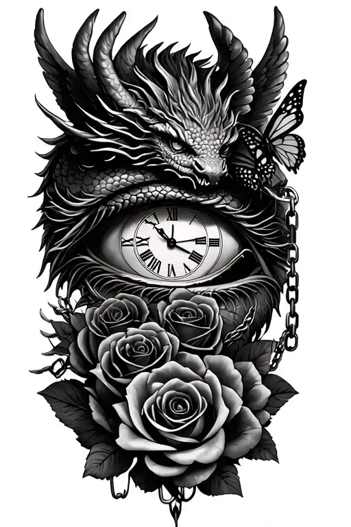 clock face in eye looking, dragon wrapped, roses, angel wings, butterfly, chains - Variation 2
