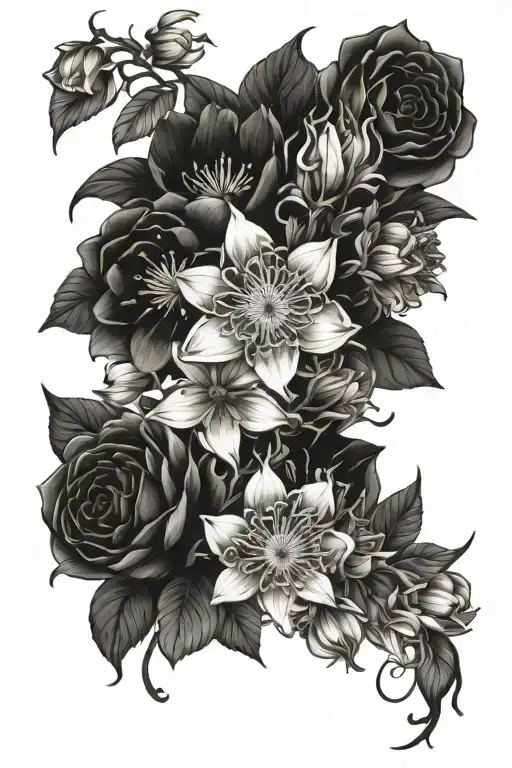 Color flower bouquet of cherry blossom, rose, honeysuckle, aster, chrysanthemum, daffodil, morning glory - Variation 1