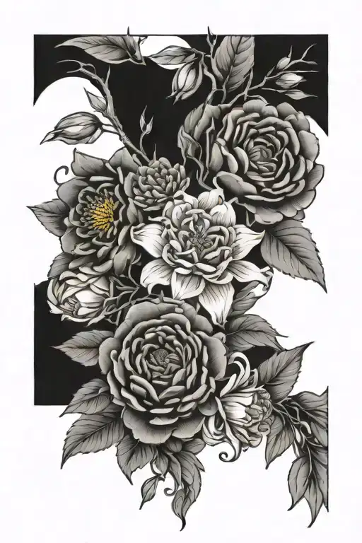 Color flower bouquet of cherry blossom, rose, honeysuckle, aster, chrysanthemum, daffodil, morning glory - Variation 2