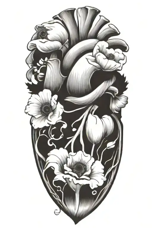 abstract design human heart, poppies, anemones, music, love