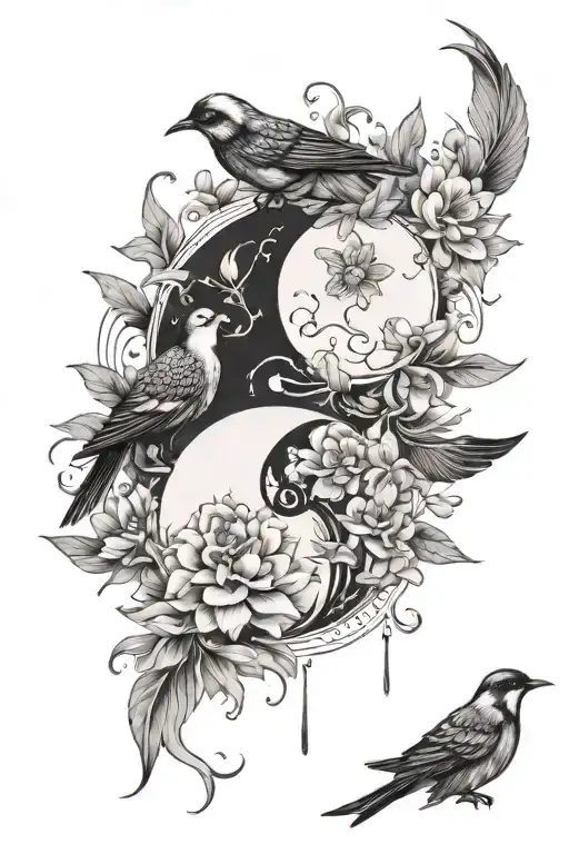 Yin Yang, flower petals, birds, melancholy, spring