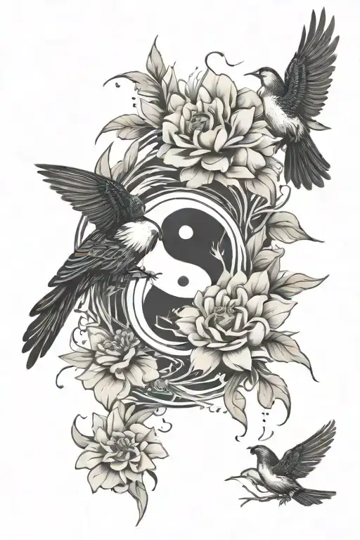 Yin Yang, flower petals, birds, melancholy, spring - Variation 2