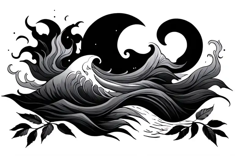 Waves, fire, wind, sun moon cloud, leaves minimal tattoo - Variation 3