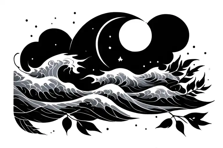 Waves, fire, wind, sun moon cloud, leaves minimal tattoo - Variation 4