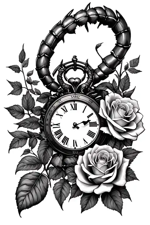 scorpio and rose and clock surrounded
