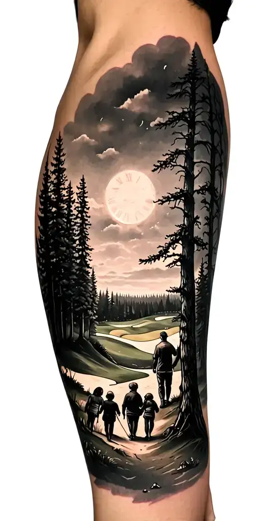 beautiful forest scene with black sky with family walking and golf course and time