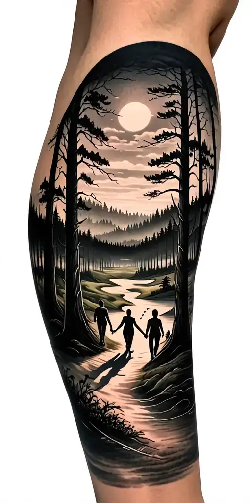 beautiful forest scene with black sky with family walking and golf course and time - Variation 2