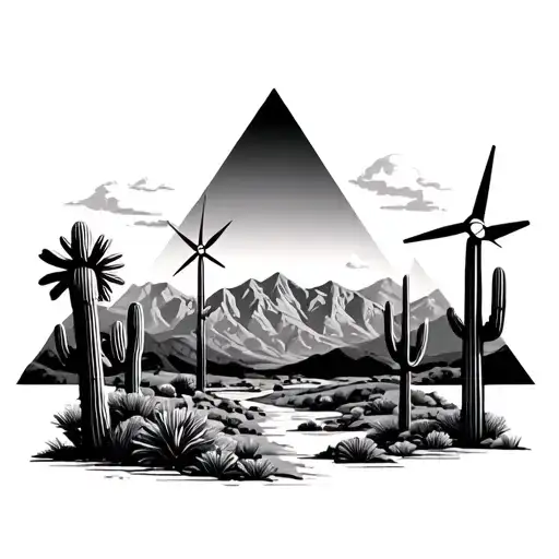 palm springs mountains with windmills and cactus and 3 triangles staggered