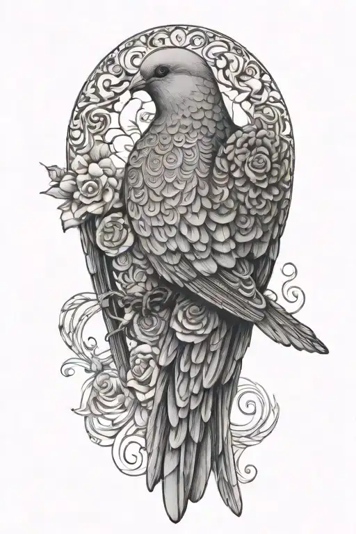 seated zentangle dove with wings closed perched atop roses - Variation 2