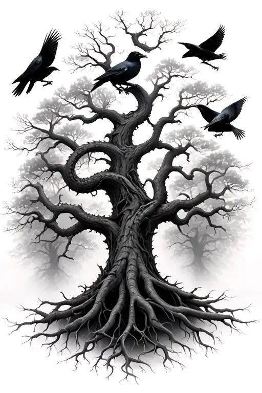 poison tree background:Crows or ravens in flightSerpent around branches or rootsEyes in barkFog mist Roots turning into