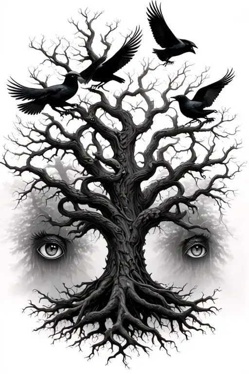 poison tree background:Crows or ravens in flightSerpent around branches or rootsEyes in barkFog mist Roots turning into - Variation 2