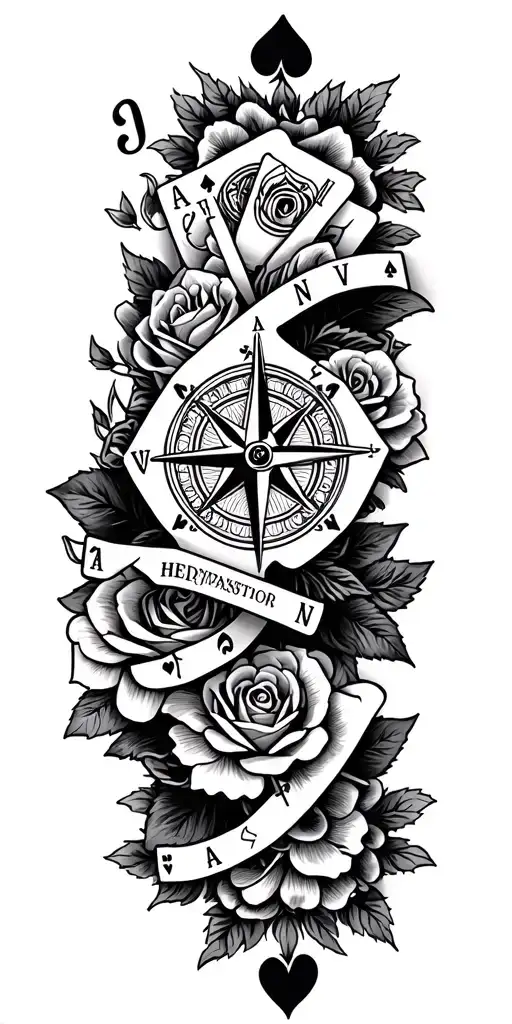filigree design with playing cards, compass and roses