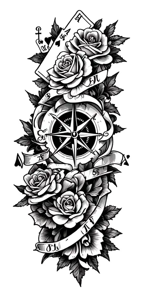 filigree design with playing cards, compass and roses - Variation 2