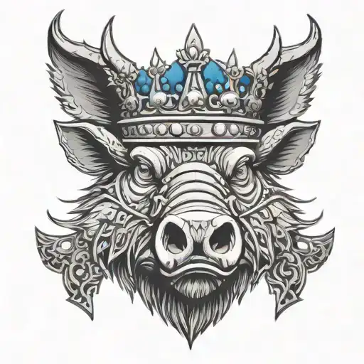 boar head with blue eyes wearing a crown in chains with mouth open with a petterned background - Variation 1