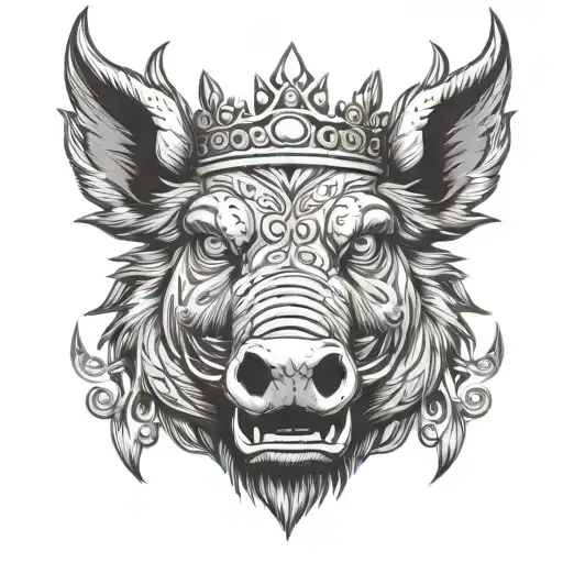 boar head with blue eyes wearing a crown in chains with mouth open with a petterned background - Variation 2