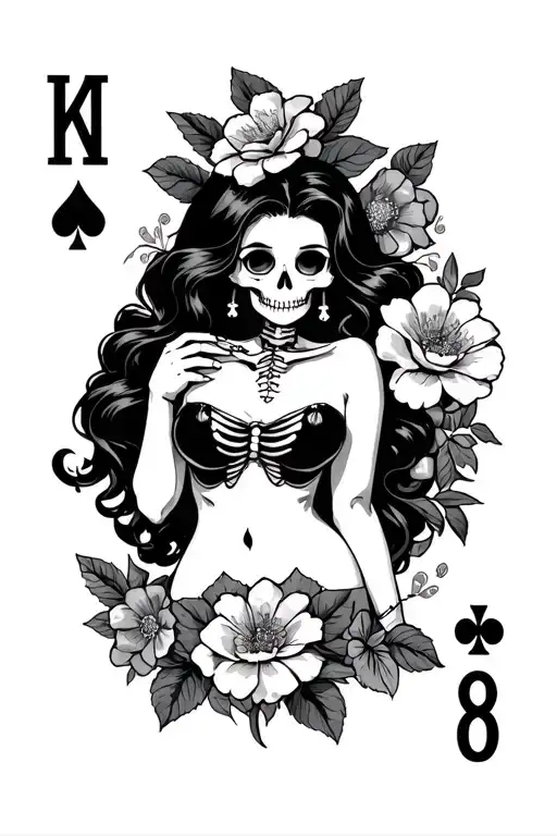 pinup girl, skeleton, ace playing card, 8 playing card, flowers, cute chubby