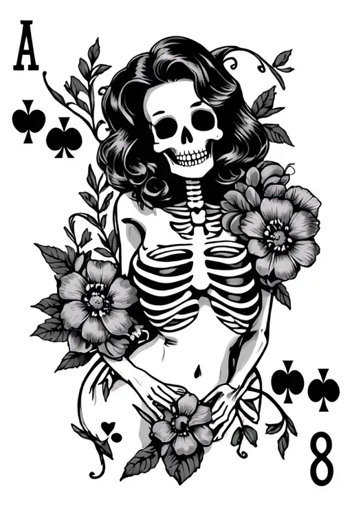 pinup girl, skeleton, ace playing card, 8 playing card, flowers, cute chubby - Variation 2