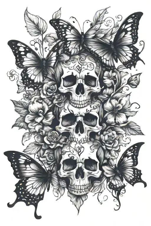skulls butterflies foliage feminine dark gothic inspired tattoo - Variation 2